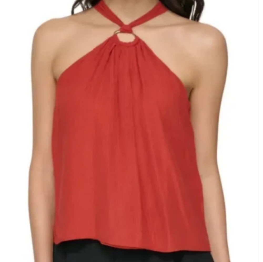 DKNY Red Sleeveless Halter Crossover Top